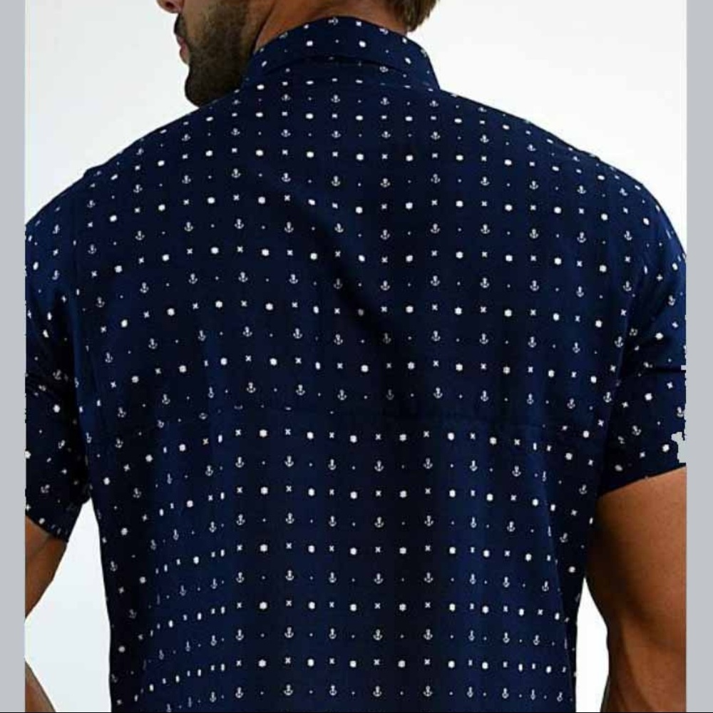 Men's Nautical Navy White Cotton Poly Shirt - Picture 2 of 7